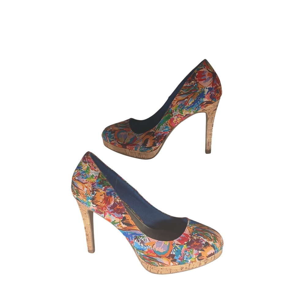 Fioni Platform Pumps 8 Multicolor Abstract Floral Cork Stiletto Art Deco Bold